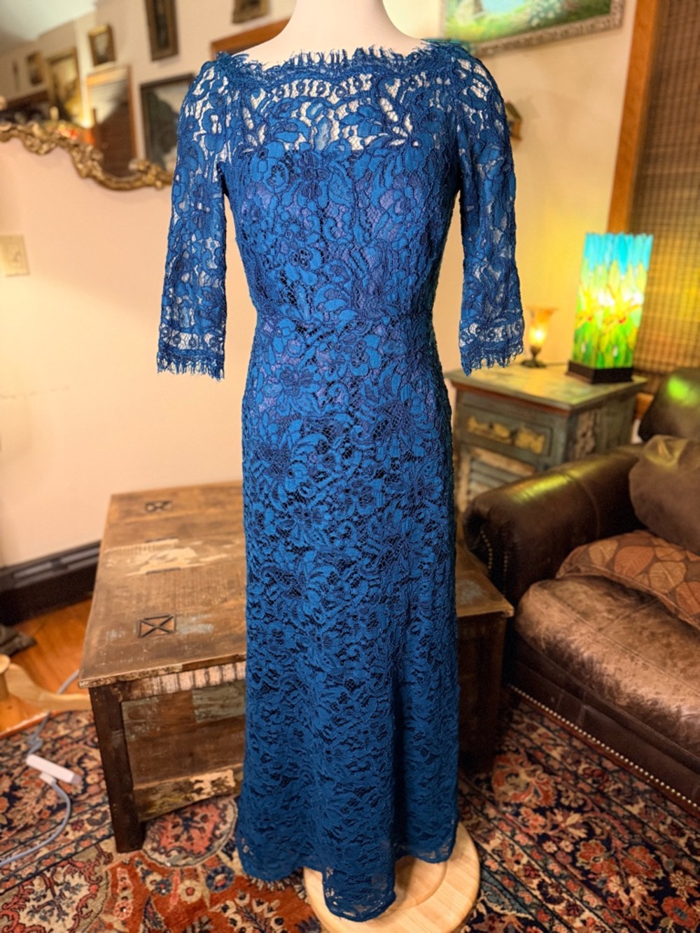 JS Collections Navy Blue Lace Long Sleeve Evening Gown